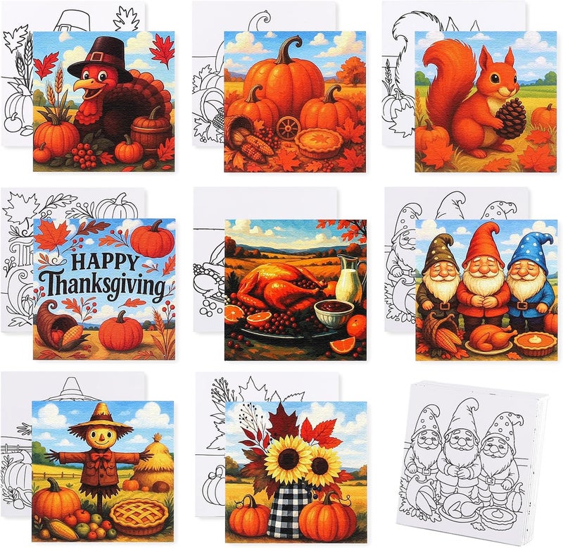 Zynlio 8 Packs 8 * 8in Thanksgiving Pre Drawn Canvas to Paint, Fall Pre Printed Canvas for Adults, Painting Boards for Beginners, Students, Party Favor (Thanksgiving) - Image 1